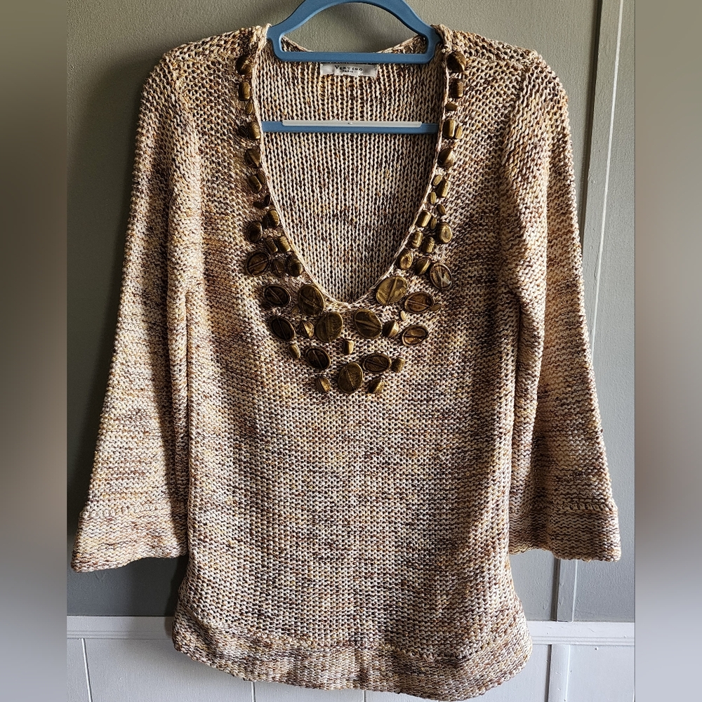 Vertigo Paris French Luxury Knit Sweater With Bronze Colored Beadwork